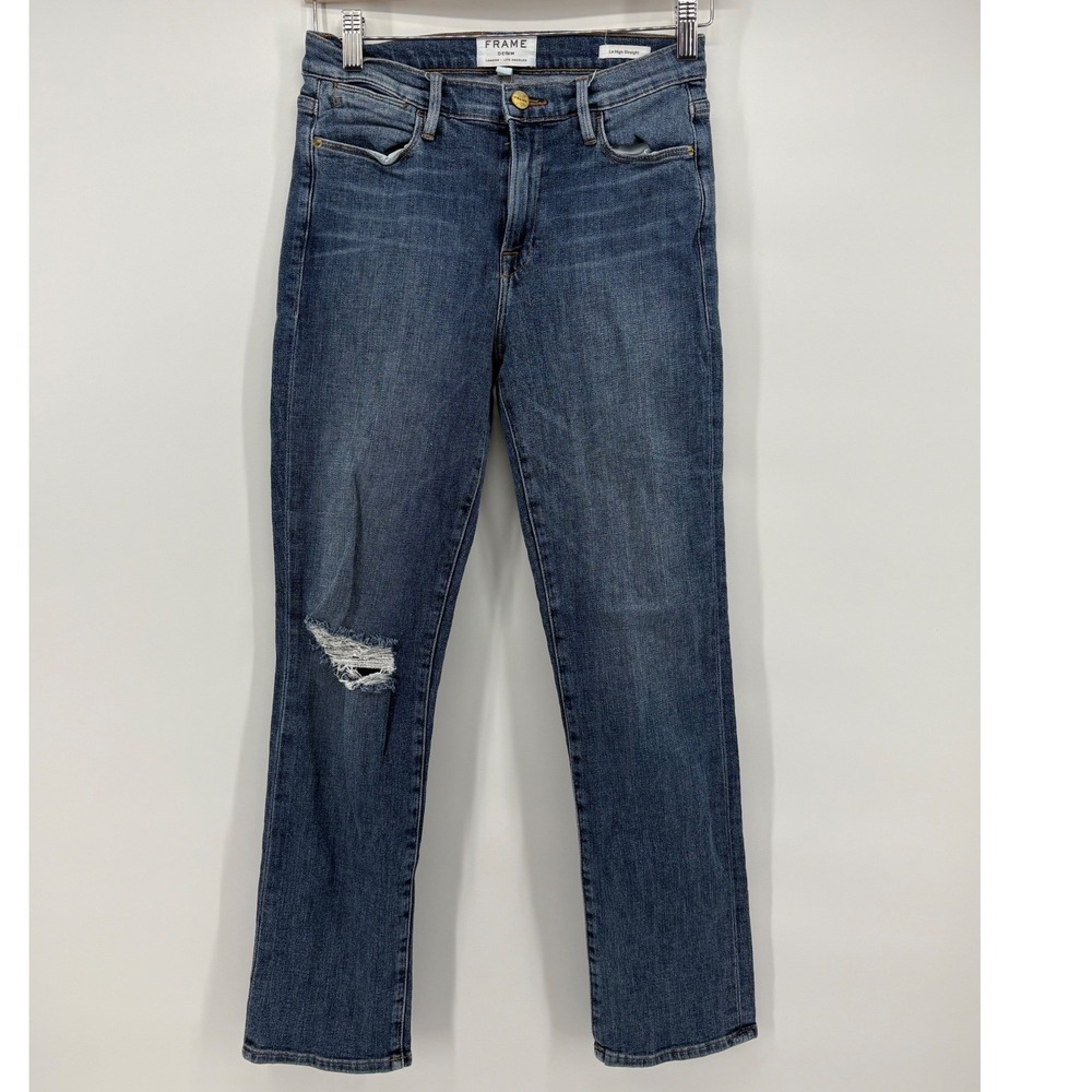 FRAME Le High Straight‎ Jeans Broadway Distressed Blue High Rise Size 28